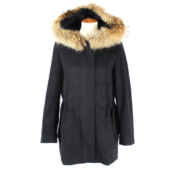 Cinzia Rocca Icons Wool Coat Black Removable Fur Trim Hooded Parka Jacket M